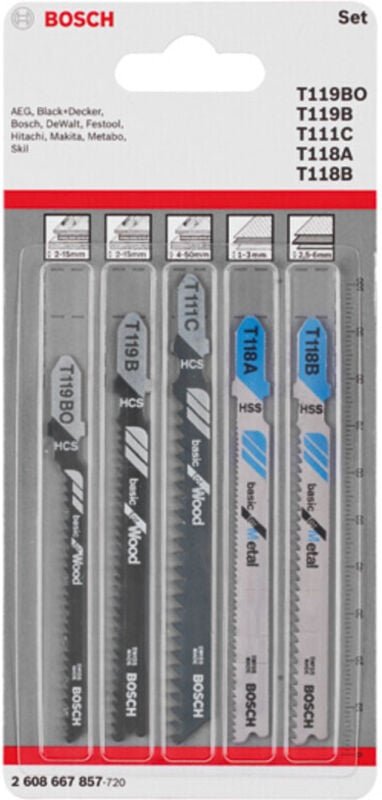 Bosch - Accessories 2608667857 Stichsägeblatt-Set Wood and Metal Basic, 5-teilig, Einnockenschaft 5 St