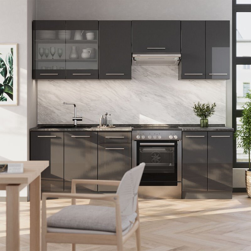 Küchenzeile Fame-Line, Anthrazit Hochglanz, 240 cm ohne Arbeitsplatte, Vicco