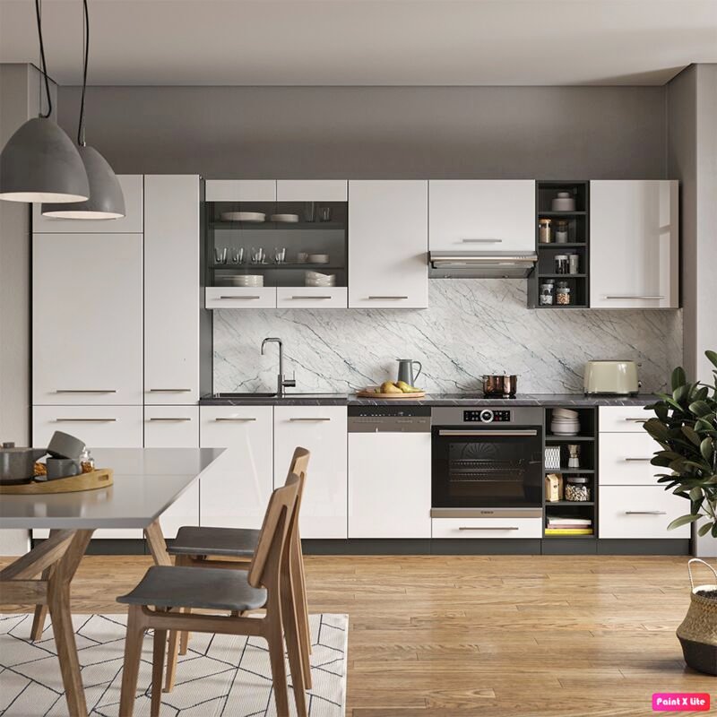 Vicco - Küchenzeile Fame-Line, Weiß Hochglanz/Anthrazit, 355 cm , ap Marmor