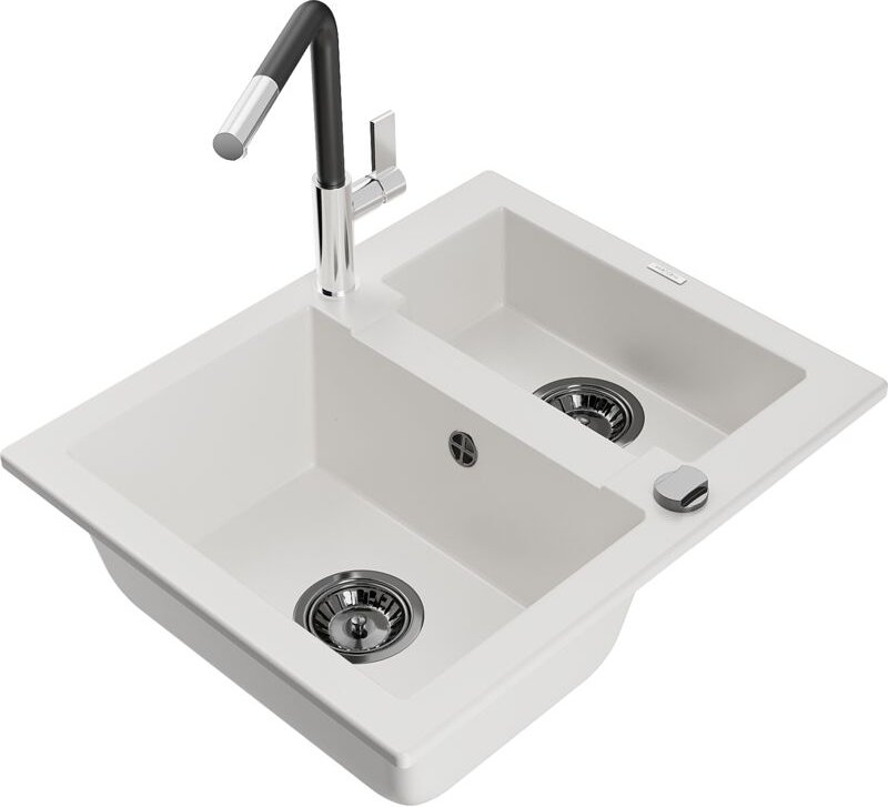 Carlos 1,5-Becken-Granitspüle mit Mischbatterie Flora, Weiß - 6518-20-670401-07-B - Mexen