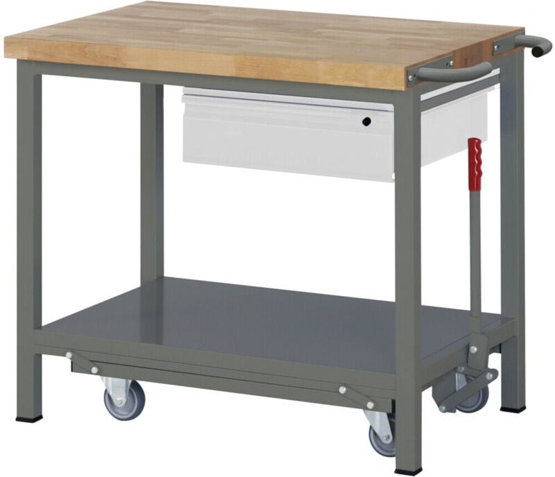 Werkbank Premium, mit abs. Fahrgestell, 1 Schublade, 100x70x88cm, Stahl & Buche - Stier