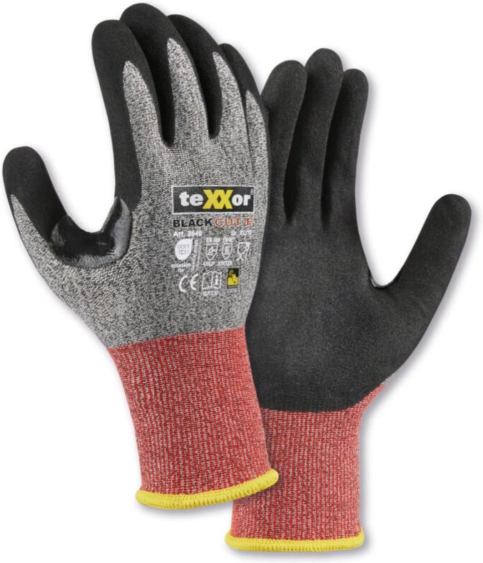 teXXor® Schnittschutz-Strickhandschuhe CUT F, Grau-meliert/Rot/Schwarz
