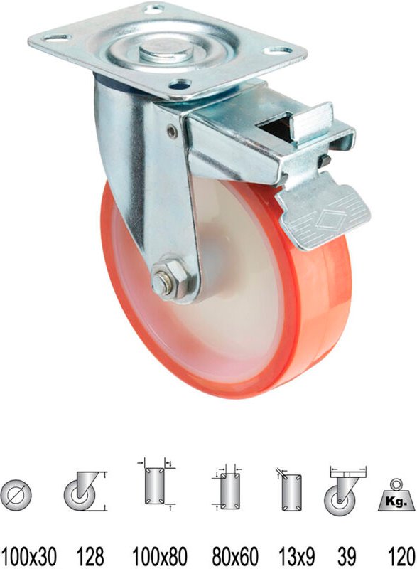 Industrielle Rolle aus Polyurethan mit Platte und Bremse 100 mm.