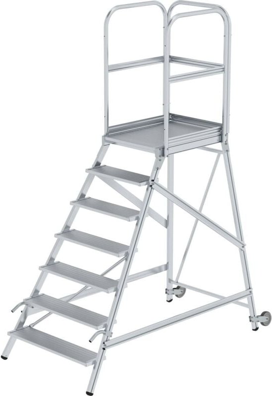 Günzburger Steigtechnik Podesttreppe einseitig begehbar mit Rollen & Griffen Aluminium geriffelt 7 Stufen - 056107