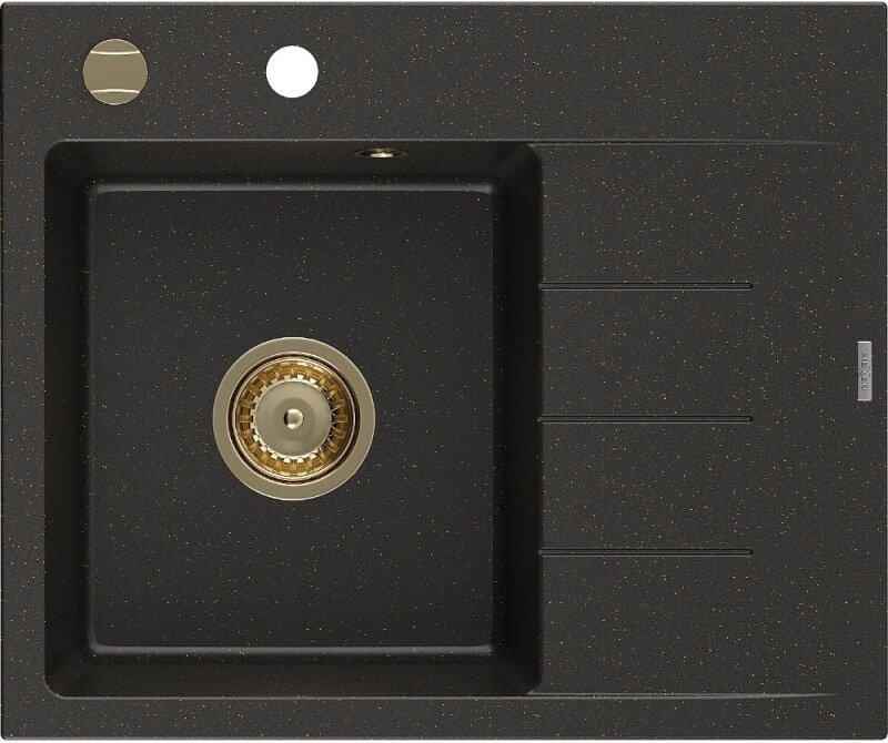Ben Granitspüle 1-beckig mit linker Abtropffl√§che 600 x 500 mm, schwarz/gold metallic, goldener Siphon - 6522605000-75-...