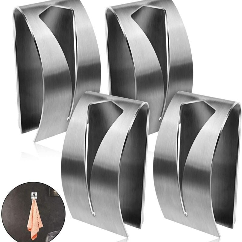 Cyslmuk - 4 Stück Küchenhandtuchhalter, selbstklebender Greifer, Edelstahl-Küchen-Geschirrtuchhaken, kein Bohren, Wandmo...