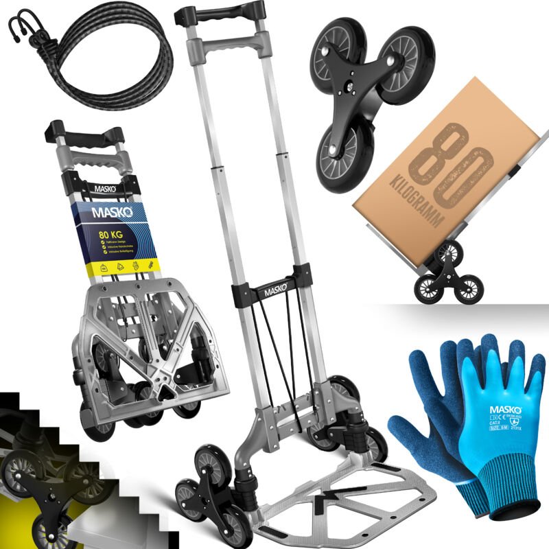 Stufen-Sackkarre Treppenkarre Klappbar 80 kg Tragkraft 3x3 Treppensteiger inkl. Rädern + 2 Expanderseile + Handschuhe - ...