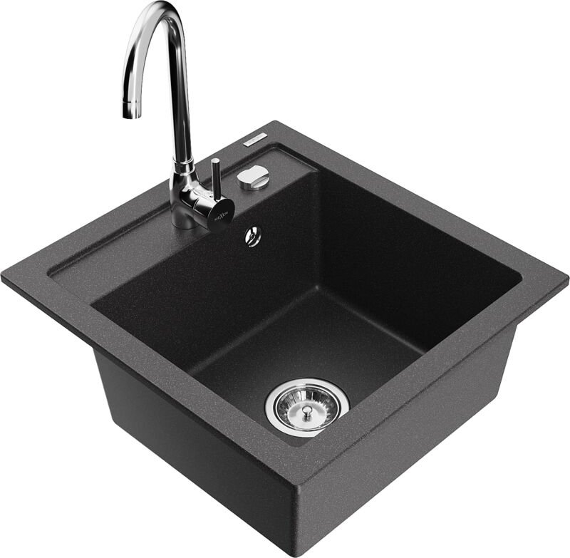 Vito 1-Becken-Granit-Spüle mit Mischbatterie Telma, Schwarz gesprenkelt - 6503-76-670200-00 - Mexen