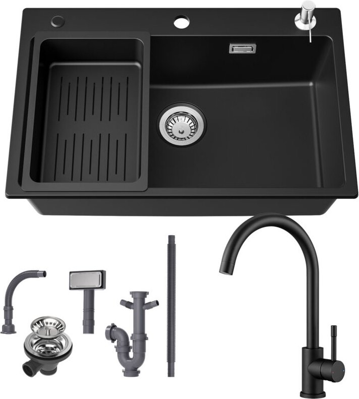 Granitspüle 70×45 cm Küchenspüle Granit + Hochdruck Küchenarmatur, Aufsatz Spüle mit Abtropfkorb und Seifenspender