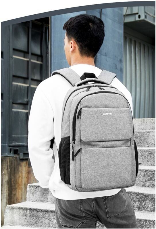 Rucksack Reisetasche mit 4 Fächer + 2 Seitentaschen 33x23x48 cm 17 Zoll Grau