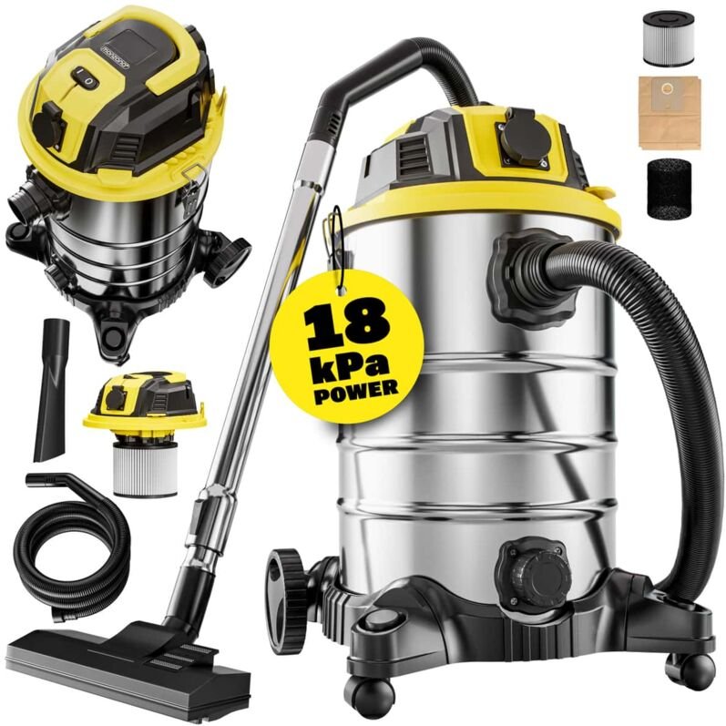 Nass Trockensauger 30L 2200W + Steckdose GS-zertifiziert 9m Bewegungsradius Industrie Staubsauger Edelstahl Nasssauger W...