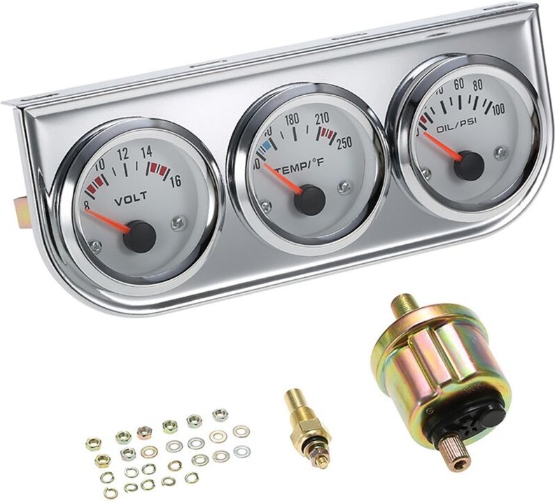 Zoternen - 52 mm Öldruckmesser, Wassertemperatur-Voltmeter, Chrom, 3-in-1-Set für Auto, Motorrad