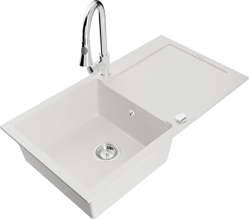 Mexen Leo 1 Becken-Granitspüle mit Abtropffläche und Mischbatterie Elia, Weiß - 6501-20-670101-00