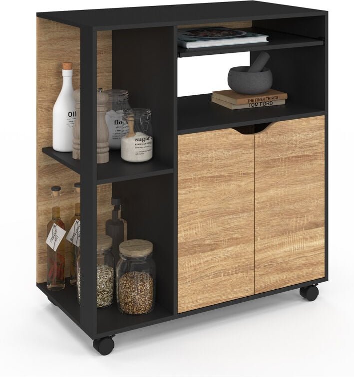 Idmarket - Küchenwagen cosi aus schwarzem Holz und Türen aus Buche L.76 cm