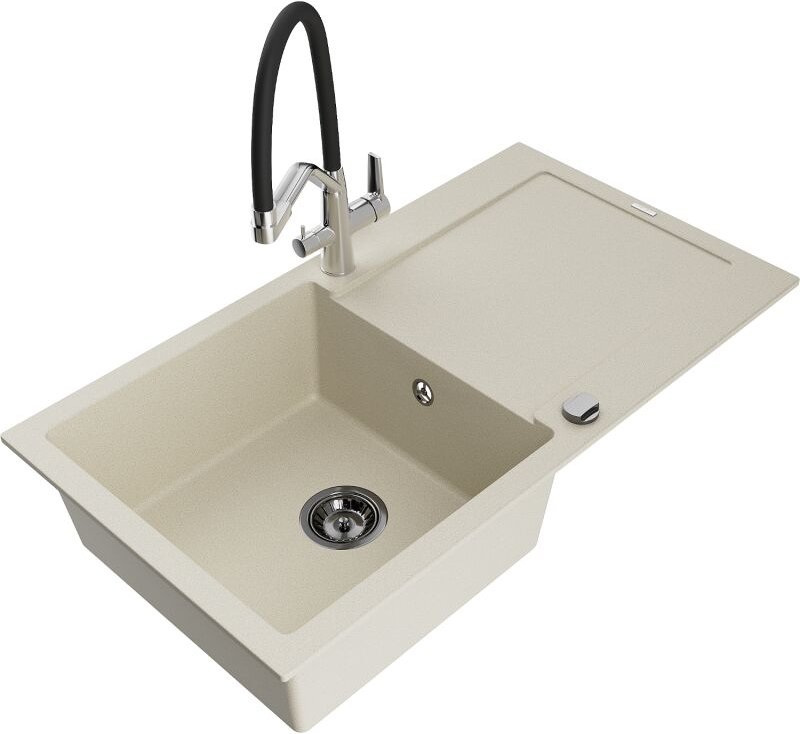 Leo 1 Becken-Granitspüle mit Abtropffl√§che und Mischbatterie Duo, Beige - 6501-69-671701-07-B - Mexen