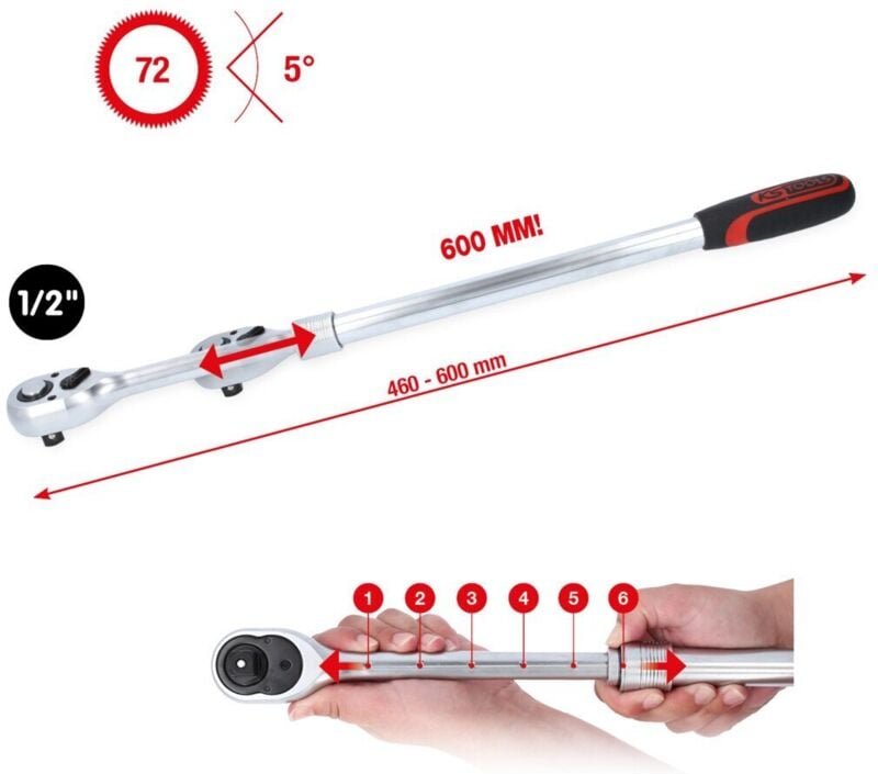 1/2' Teleskop-Umschaltknarre, extra lang, 72-Zahn