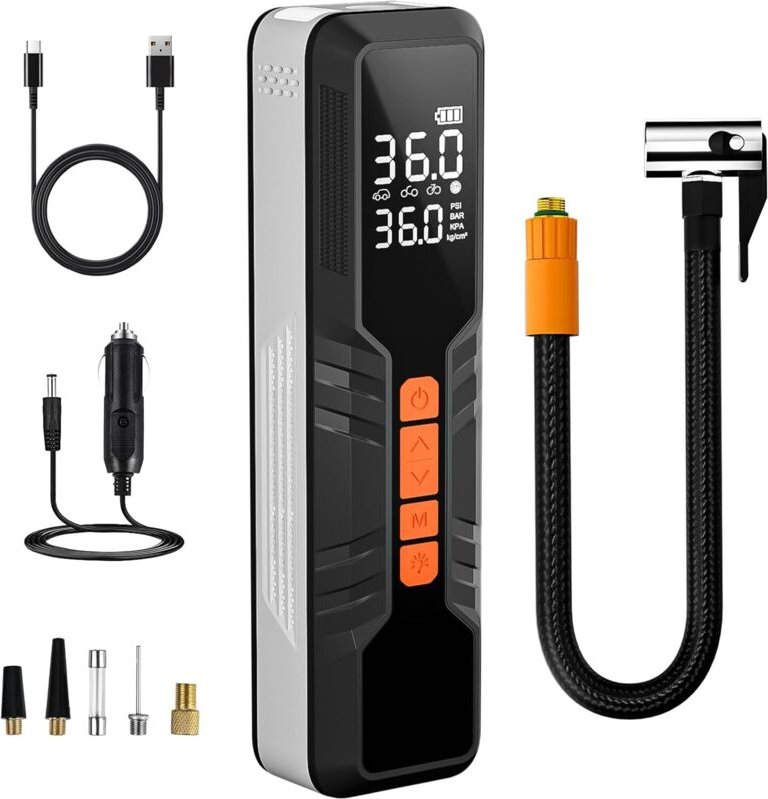 Lntyq Tragbarer Luftkompressor mit 2000 mAh × 3, kabelloser Autoreifenfüller mit LCD-Display, 4 Modi, Mini-Kompressor mi...