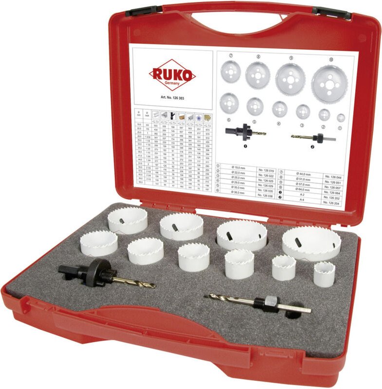 Ruko - 126303 Lochsägen-Set 12teilig 19 mm, 22 mm, 25 mm, 29 mm, 35 mm, 38 mm, 44 mm, 51 mm, 57 mm, 6