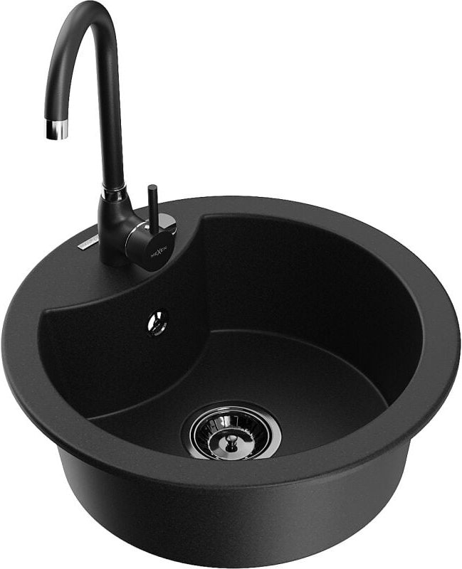 Diego 1-Becken-Granit-Spüle mit Mischbatterie Telma, Schwarz - 6512-77-670200-70-B - Mexen