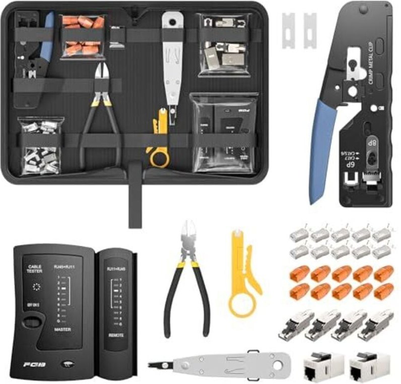 Netzwerk Werkzeug Set, Pass Through RJ45 Crimpzange für Cat7 Cat6 Cat5 mit 4 x Netzwerkstecker Cat7 Werkzeuglos, 10 x RJ...