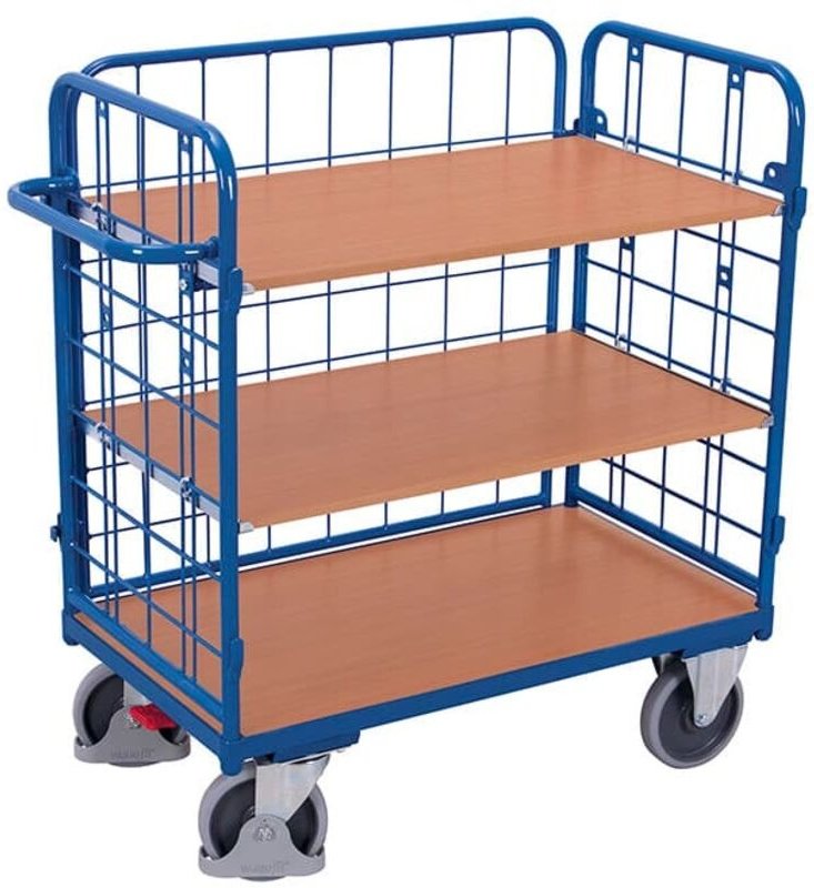 VARIOfit Dreiwandwagen, niedrig und vergittert mit 3 Etagen 1200x800mm