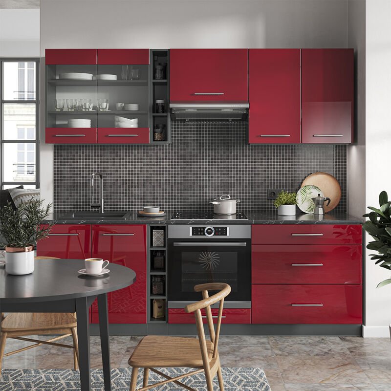 Vicco - Küchenzeile Fame-Line, Bordeaux Hochglanz/Anthrazit, 235 cm , ap Anthrazit