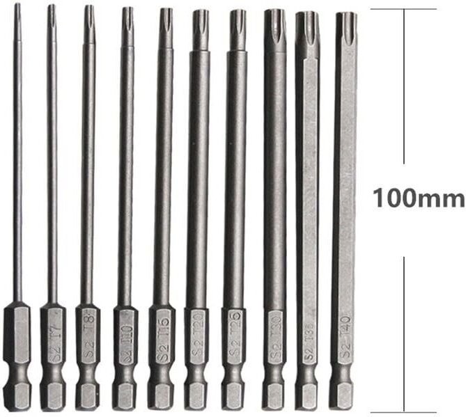 Satz mit 10 langen Bits für Schraubendreher und Elektroschrauber. Langer Torx-Bit aus Chrom-Vanadium-legiertem Stahl. 75...