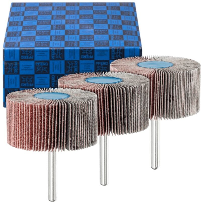 Pferd - Fächerschleifer-Set 3-tlg. Korund ø 60x30mm Schaft-Ø 6 mm A60, 80,120 für Feinschliff und Finish