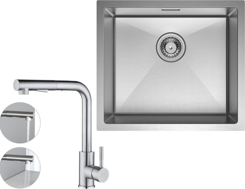 Unterbauspüle mit 1 Becken 50×44CM Edelstahlspüle Gebürstete + Küchenarmatur mit 2 Strahlarten Gebürstete ausziehbarer S...