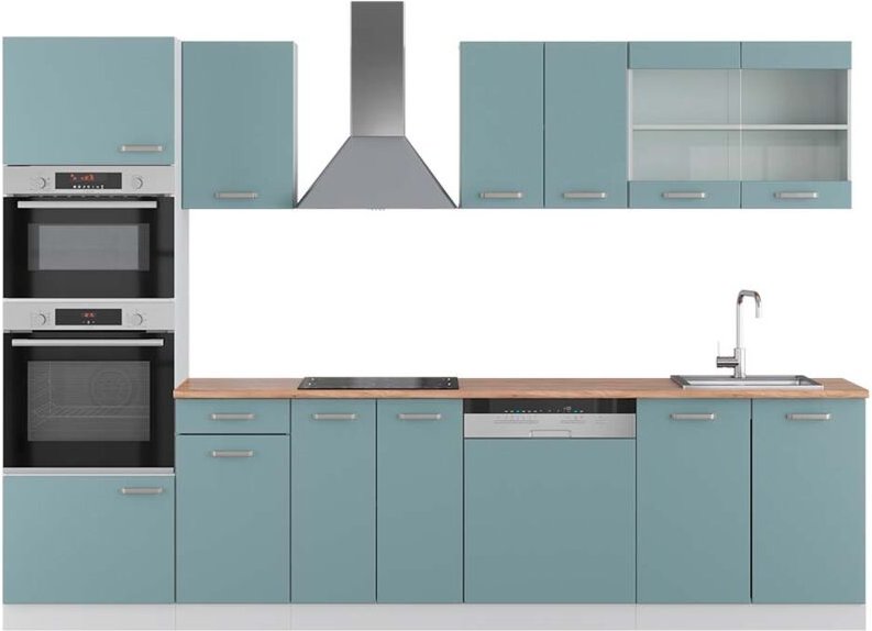 Vicco - Küchenzeile R-Line, Blau-Grau/Weiß, 300 cm mit Hochschrank, ap Eiche