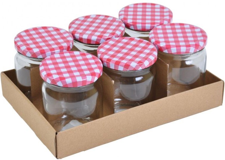 6 tlg Einmachgläser 300ml rot/weiß kariertem Deckel Einwecken Glas Einmachglas