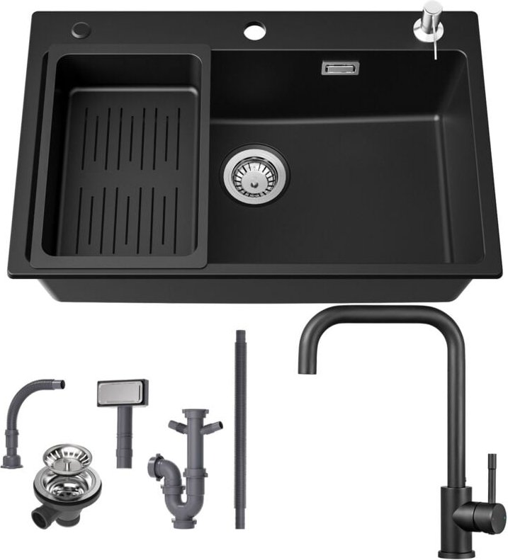 Cecipa Max - Granitspüle 70×45 cm Küchenspüle Granit + Hochdruck Küchenarmatur, Aufsatz Spüle mit Abtropfkorb und Seifen...