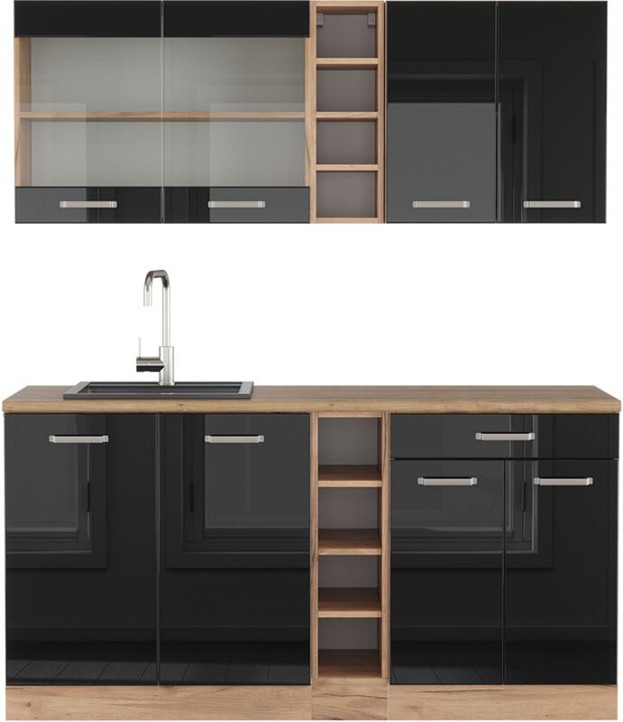 Vicco - Singleküche R-Line, Schwarz Hochglanz/Goldkraft Eiche, 160 cm , ap Eiche