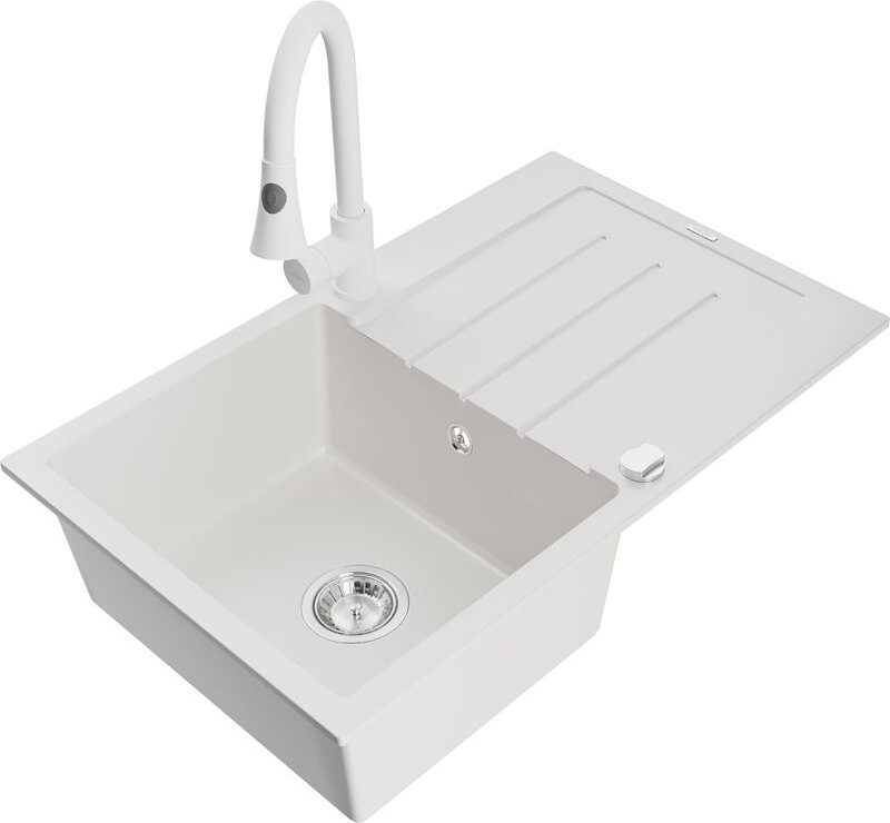 Bruno 1 Becken-Granitspüle mit Abtropffläche und Mischbatterie Elia, Weiß - 6513-20-670101-20 - Mexen