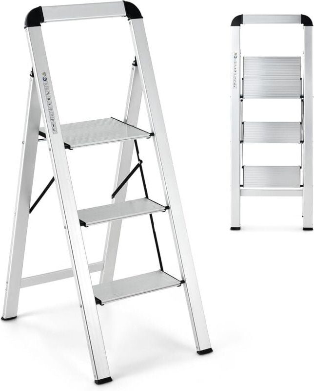 Klapptritt mit 3 Stufen bis 150kg belastbar, Trittleiter aus Aluminium mit rutschfesten Stufen & Fußpolster, Stehleiter ...