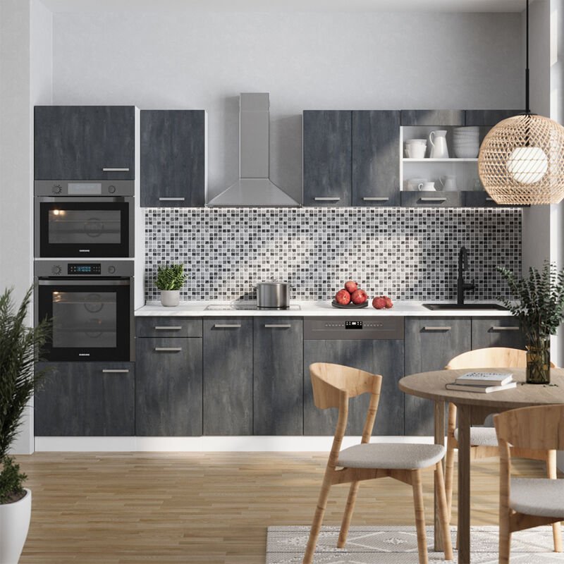 Küchenmöbel R-Line, Schwarz Beton/Weiß, 300 cm AP Marmor, Vicco