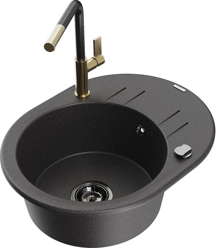 Mexen Kevin 1 Becken-Granitspüle mit Abtropffläche und Mischbatterie Flora, Schwarz gesprenkelt - 65