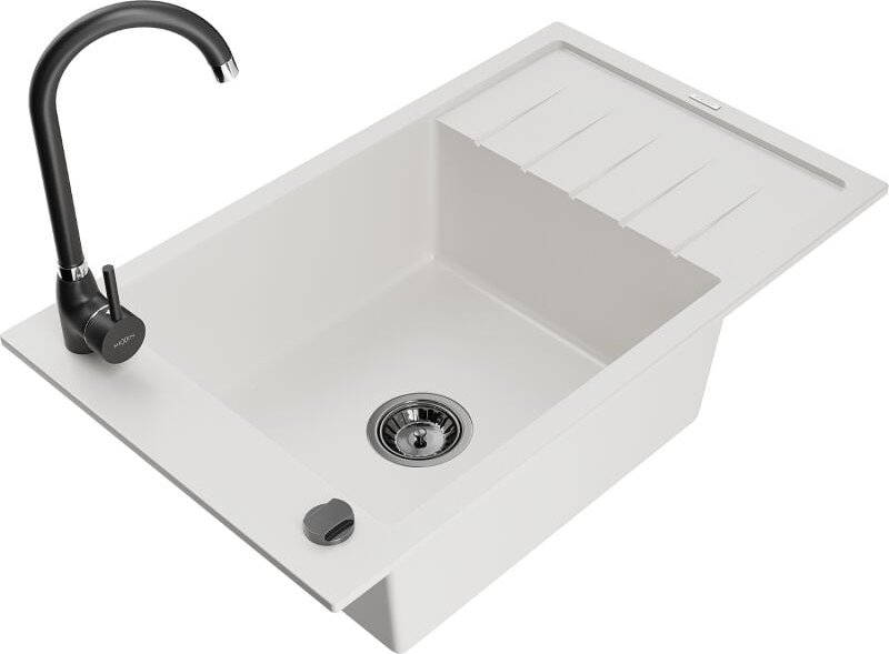 Elias 1 Becken-Granitspüle mit Abtropffl√§che und Mischbatterie Telma, Wei√ü - 6511-20-670200-70 - Mexen