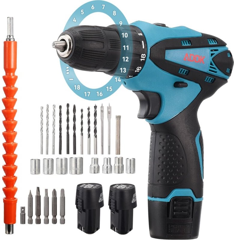 12-V-Akku-Bohrschrauber-Set, Bürstenmotor, 18+1 Drehmomenteinstellung, mit 2 x 1,5 Ah Akkus, 30 Zubehörteile