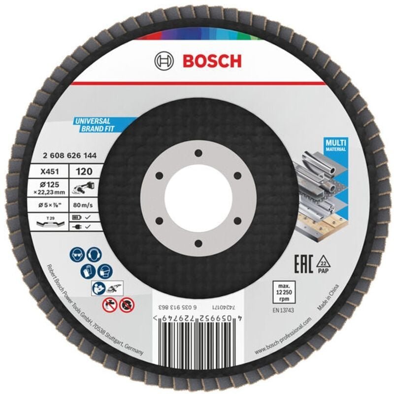 Bosch X451 Fächerschleifscheibe, 125 x 22,23 mm, K120, Z29, 15-tlg.
