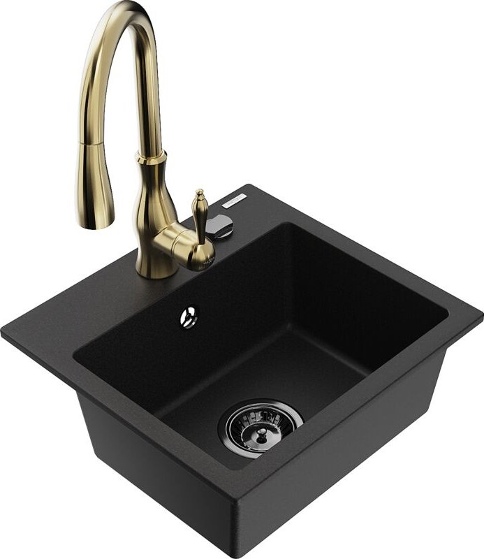 Milo 1-Becken-Granit-Spüle mit Mischbatterie Savita, Schwarz - 6505-77-672601-50-B - Mexen