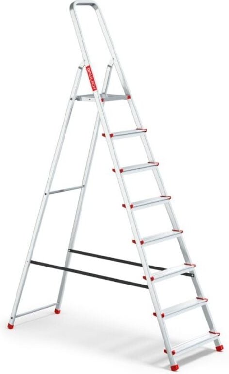 Einfache faltbare Haushaltsleiter aus Aluminium mit 8 Stufen, maximale Tragfähigkeit 125 kg.