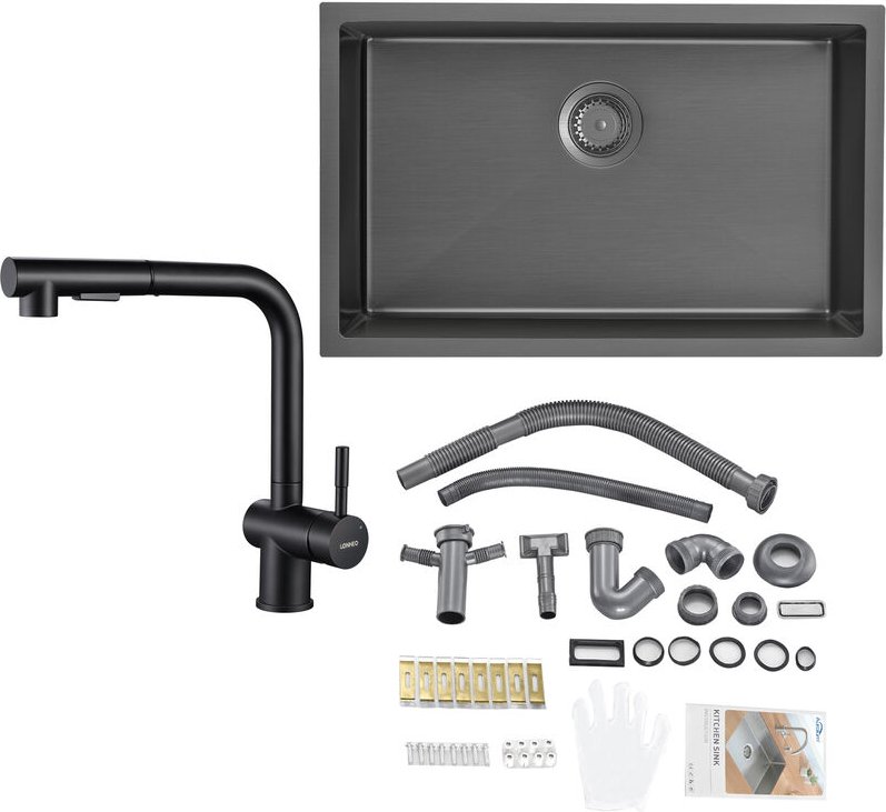 Edelstahl Küchenspüle + Hochdruck Ausziehbare Küchenarmatur, große Küchenspüle für ab 80 cm Küchenschrank, Dunkelgrau