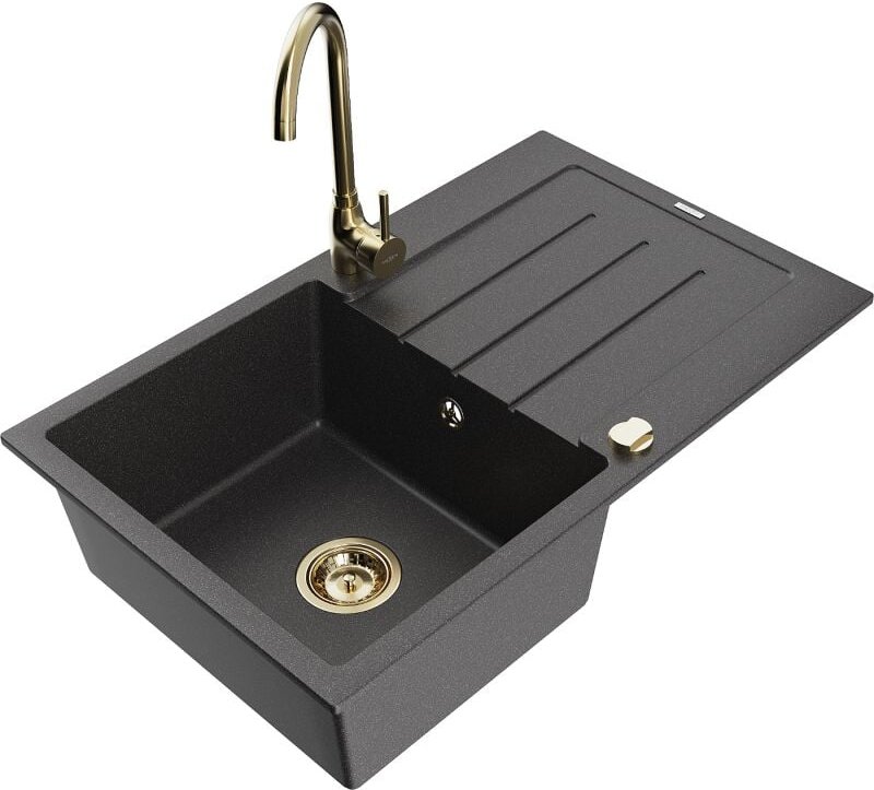 Bruno 1 Becken-Granitspüle mit Abtropffl√§che und Mischbatterie Telma, Schwarz gesprenkelt - 6513-76-670200-50 - Mexen