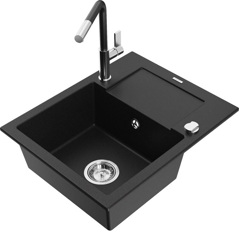 Enzo 1 Becken-Granitspüle mit Abtropffläche und Mischbatterie Flora, Schwarz - 6506-77-670401- - Mexen