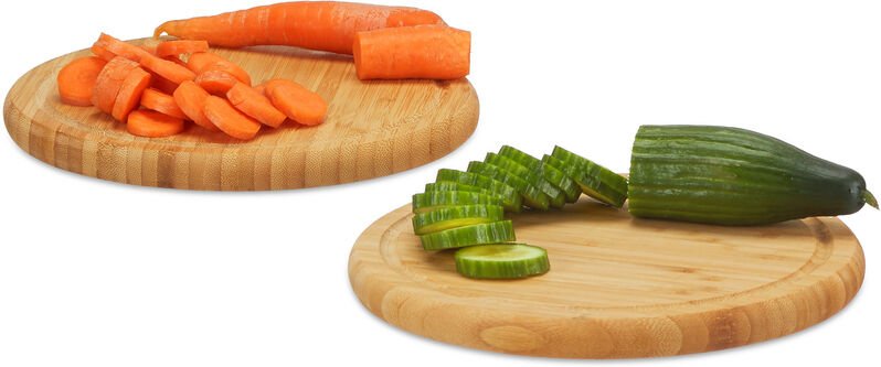 Relaxdays Frühstücksbrettchen rund 2er Set, Bambus, 30 cm, Küchenbrett, pflegeleicht, natürlich, messerschonend, natur