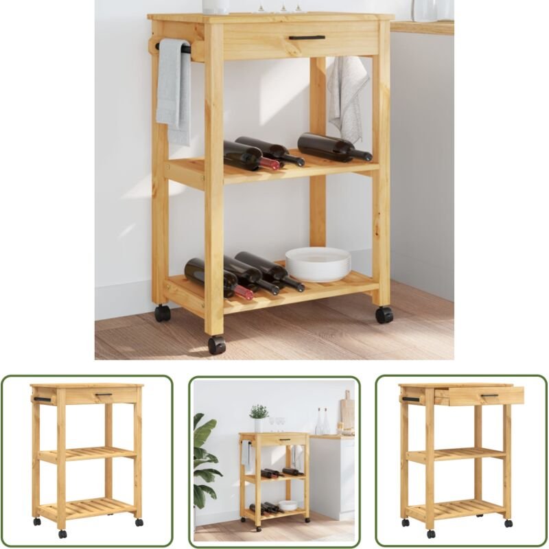 The Living Store Küchenwagen MONZA 60x40x90 cm Massivholz Kiefer - Holz Küchenwagen - Küchenschrank - Retro Möbel - Kief...