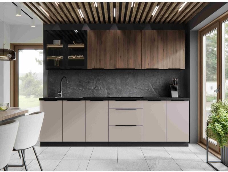 Kuchenmöbel set Iconica und Lynette 260 Küchenzeile Braun und Kaschmir - Furnix