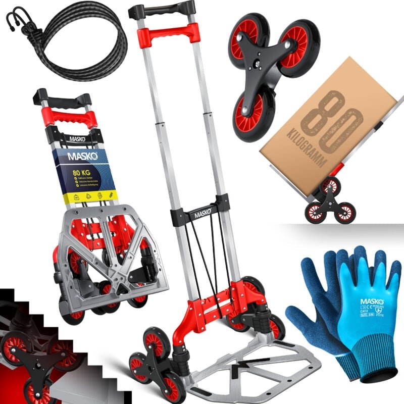 Stufen-Sackkarre Treppenkarre Klappbar 80 kg Tragkraft 3x3 Treppensteiger inkl. Rädern + 2 Expanderseile + Handschuhe - ...