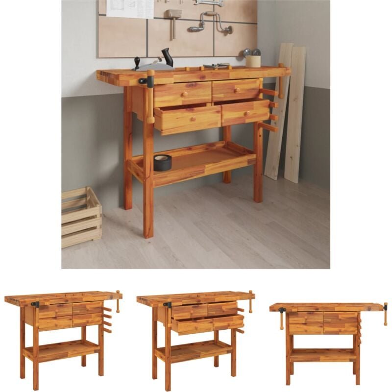 The Living Store - Werkbank mit Schubladen Schraubstöcken 124x52x83 cm Akazienholz - Werkbänke - Braun